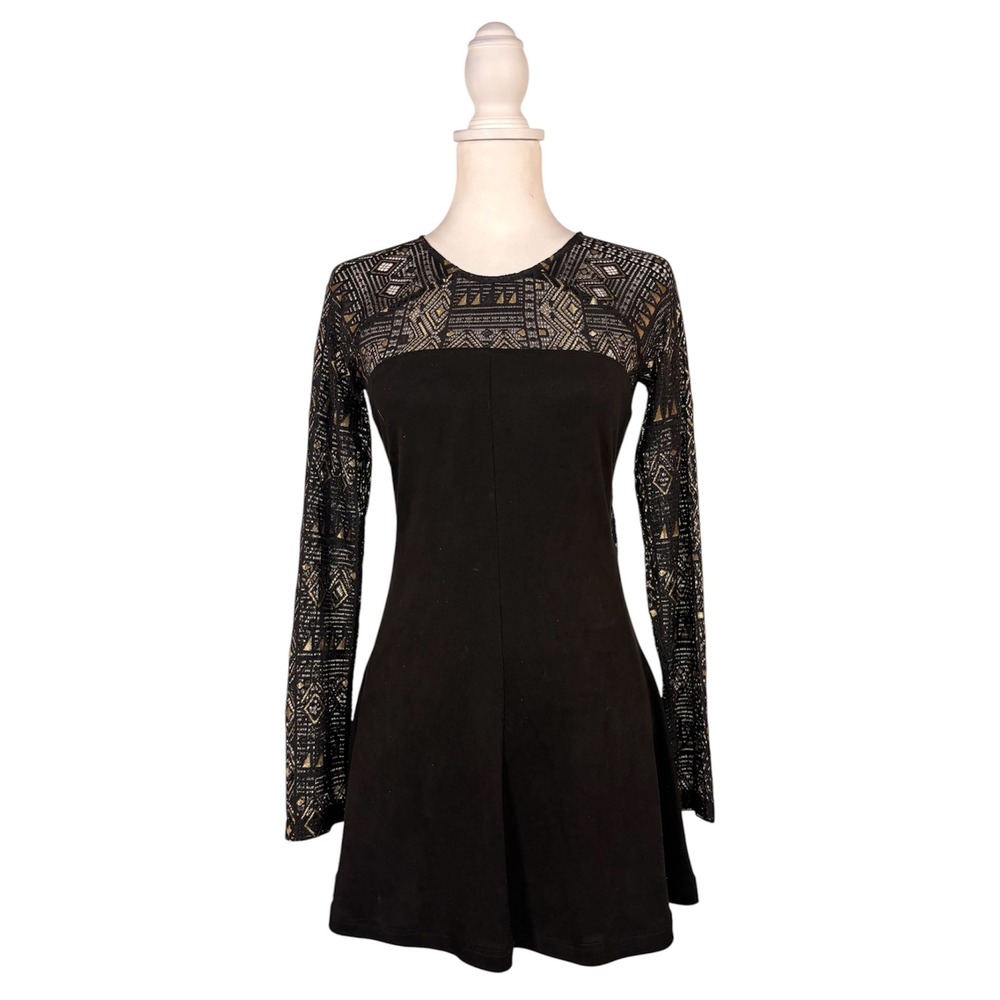 Foxiedox Black Embroidered Mini Dress Women's S Long Sheer Sleeve Sexy Goth Glam